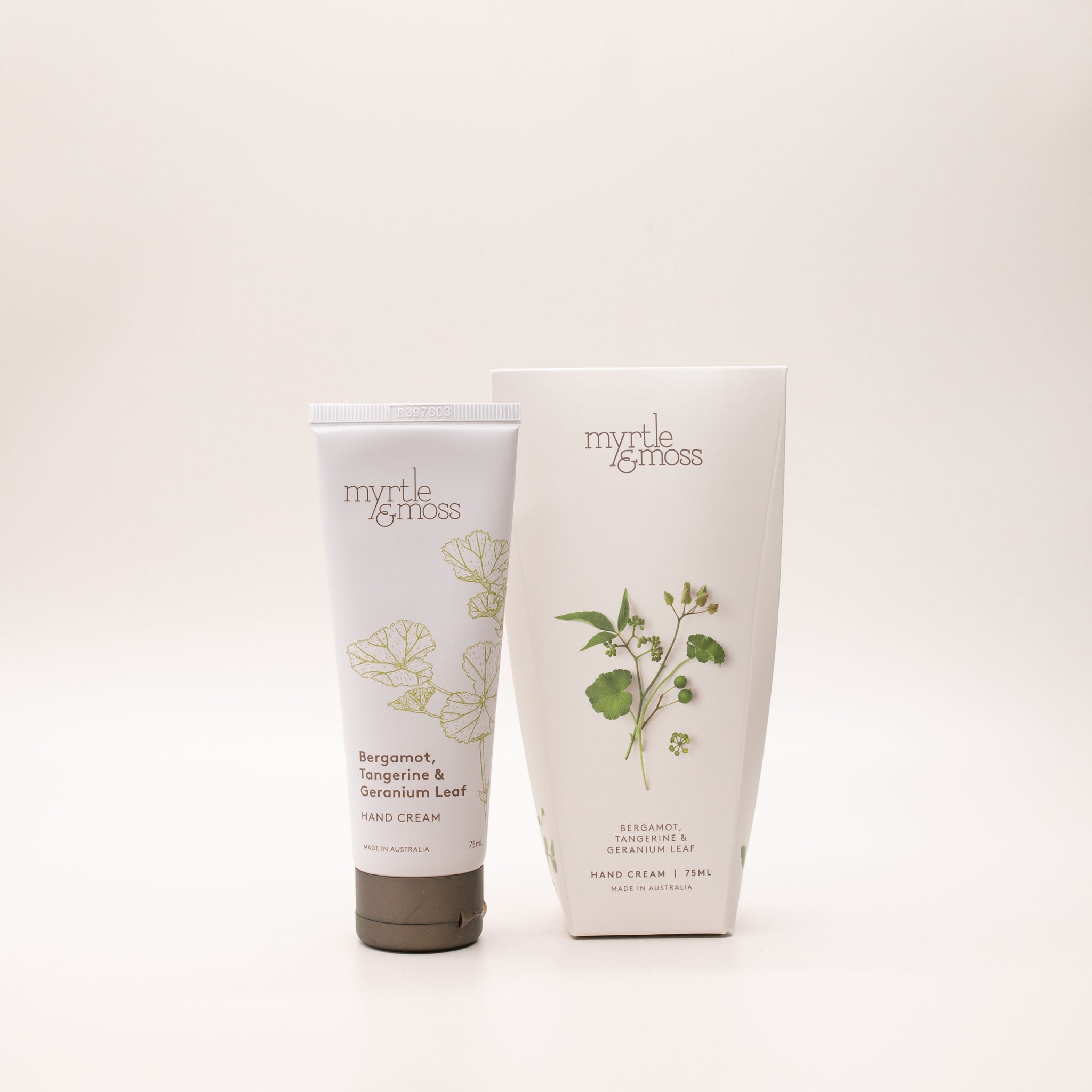 Myrtle & Moss Hand Cream 75ml Bergamot Rind Tangerine Geranium Leaf box