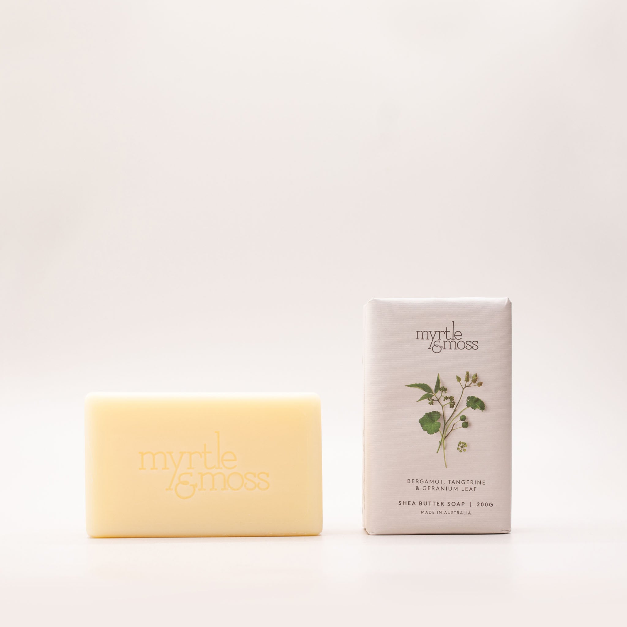 Myrtle & Moss Shea Butter Soap Bergamot Rind Tangerine Geranium Leaf front
