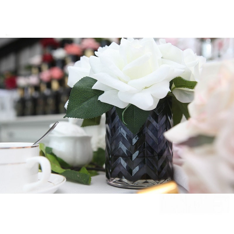 Herringbone Flower Blue - White Roses